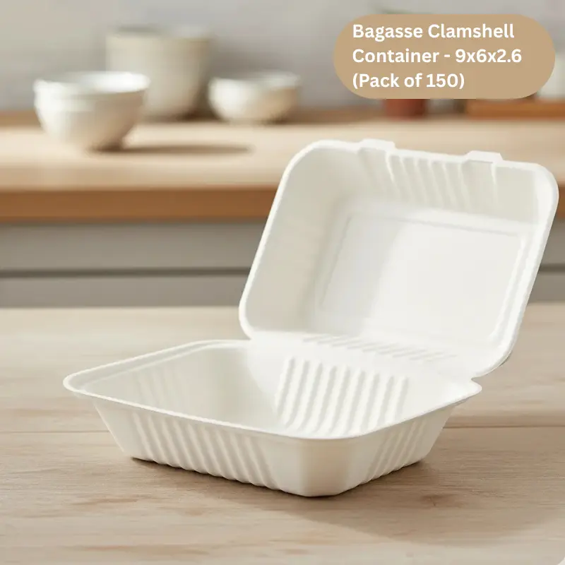  Bagasse Clamshell Container -  9"x 6” x 3" - (200/case)  