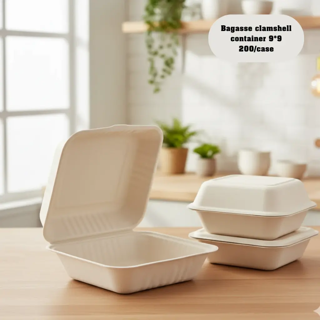 Bagasse Clamshell Container - 9"x 9"