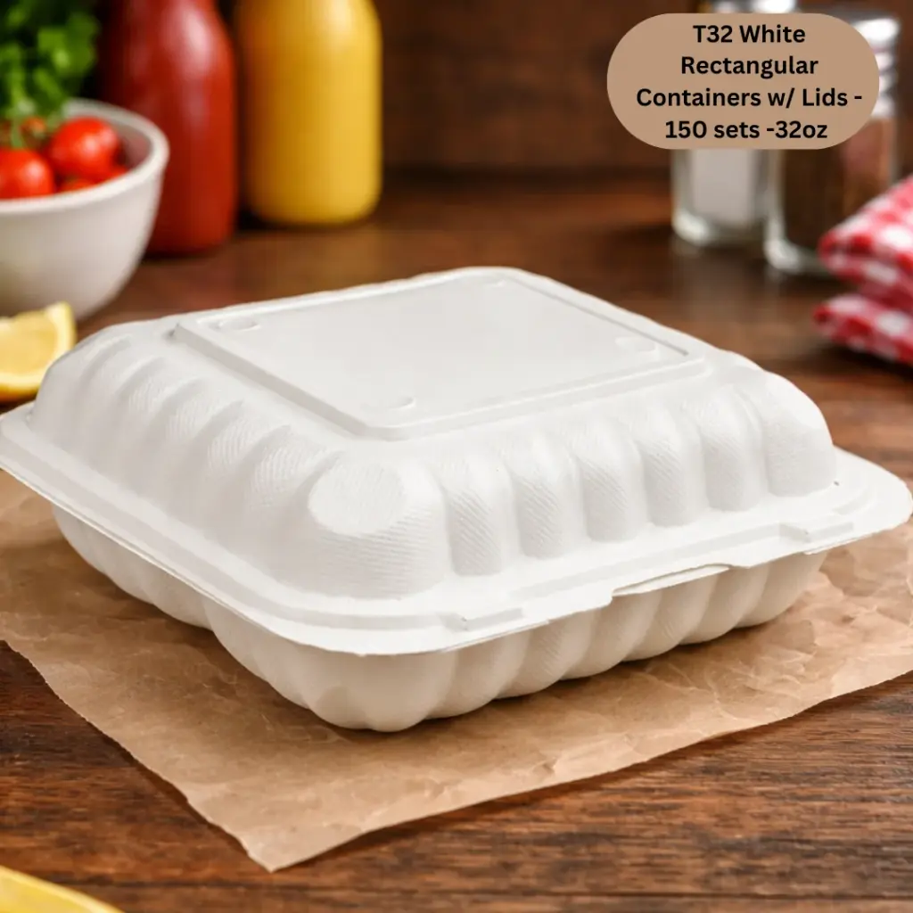 T32 White Rectangular Containers w/ Lids - 3 Compartments -32oz  